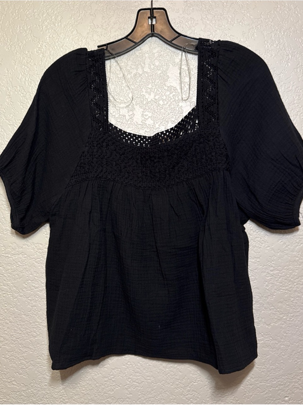 HYFVE Black Crochet Yoke Puff Sleeve Top
